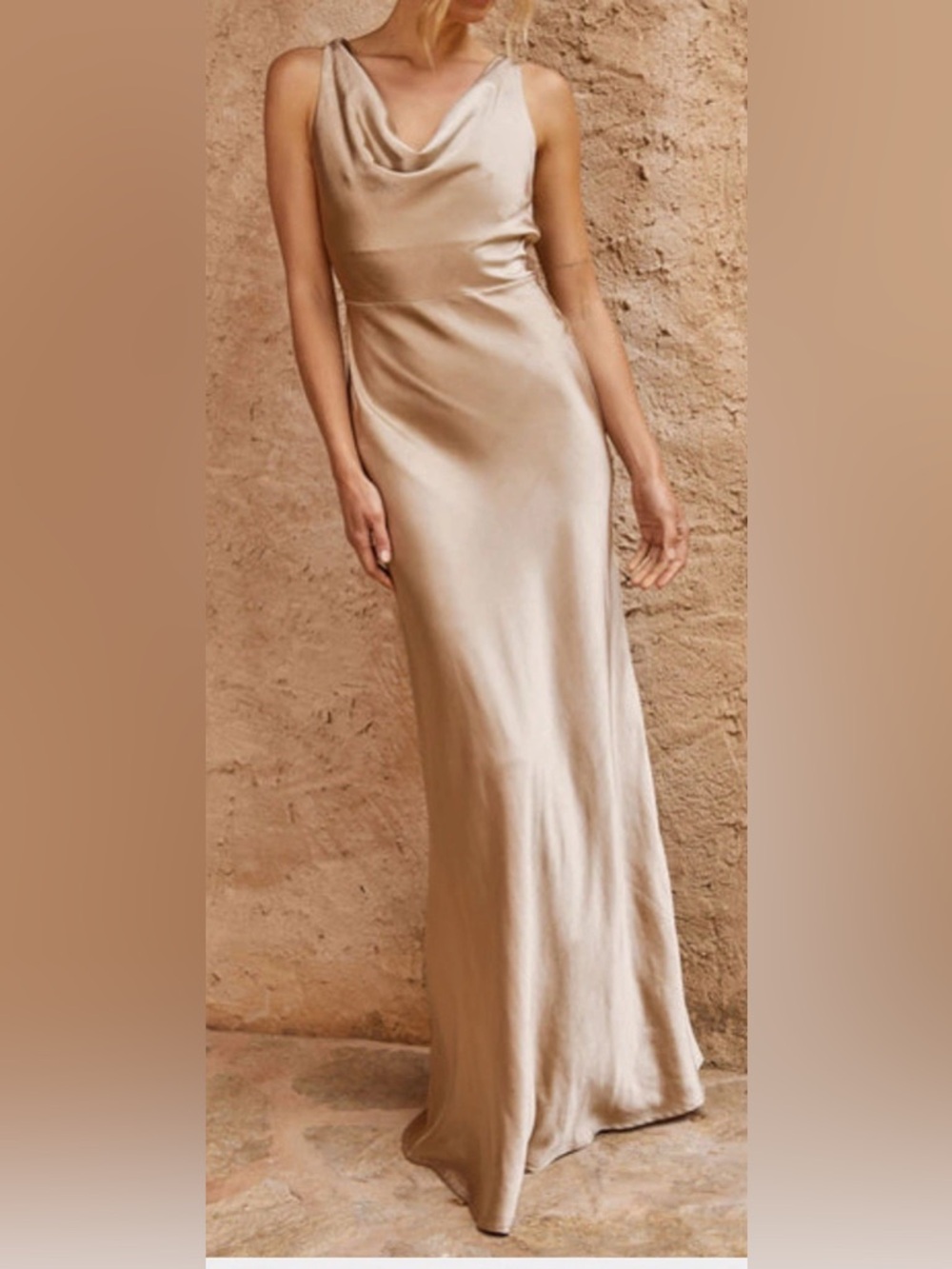 US 8 Satin Cowl Neck Wedding Slip Dress in Champagne